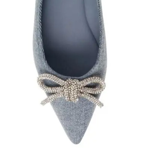 Steve Madden Size 9.5 Elina Denim Pointed Toe Flats with Rhinestone Bow Shoes - Picture 1 of 13